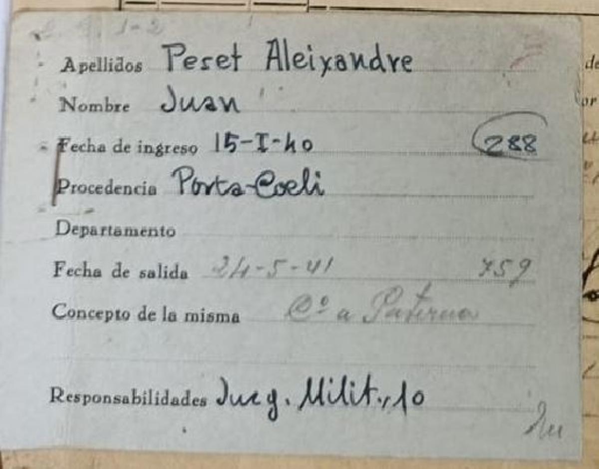 Ficha con el ingreso del rector de la UV en la Prisión Celular de València y su salida hacia el Terrer de Paterna.