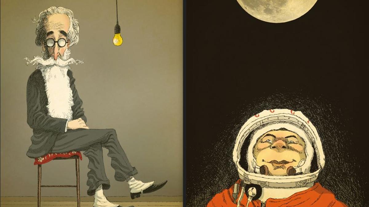 Dos de las caricaturas presentes en la obra: Ramón María del Valle-Inclán y Valentina Tereshkova