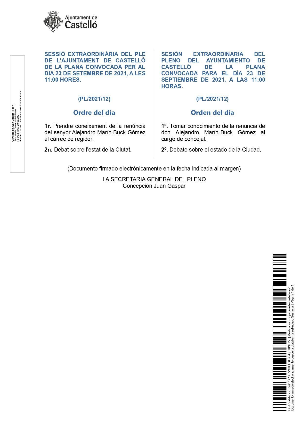 Orden del día del debate del Estado de la Ciudad de Castelló.