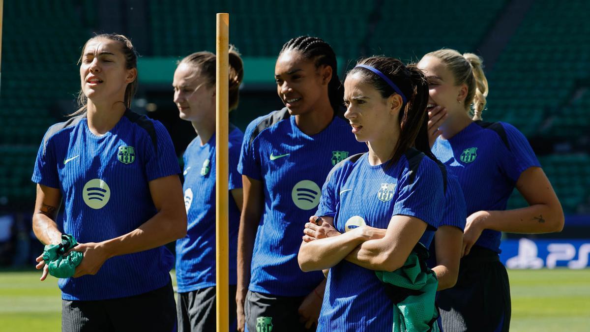 El FC Barcelona femenino durante el entrenamiento de este viernes en Lisbo para disputar mañana la final de la Liga de Campeones femenina contra el Arsenal