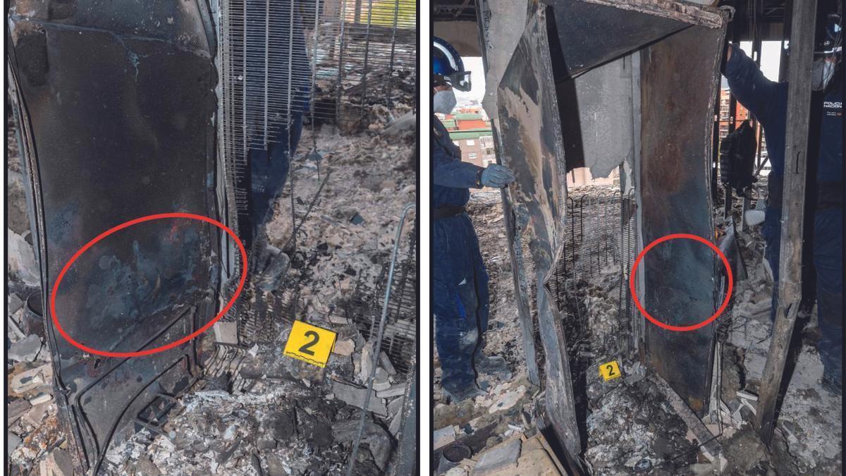 Dos imágenes muestran la destrucción de la parte posterior de la nevera.