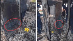 Dos imágenes muestran la destrucción de la parte posterior de la nevera.