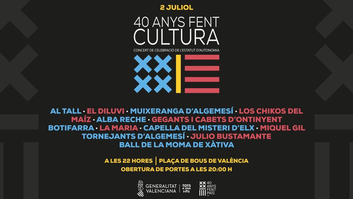 Cartell d’artistes participants en el macroconcert «40 anys fent cultura».