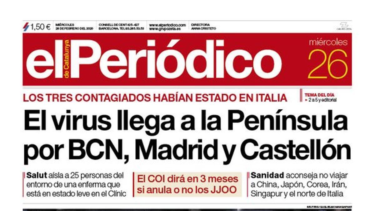 La portada de EL PERIÓDICO del 26 de febrero del 2020