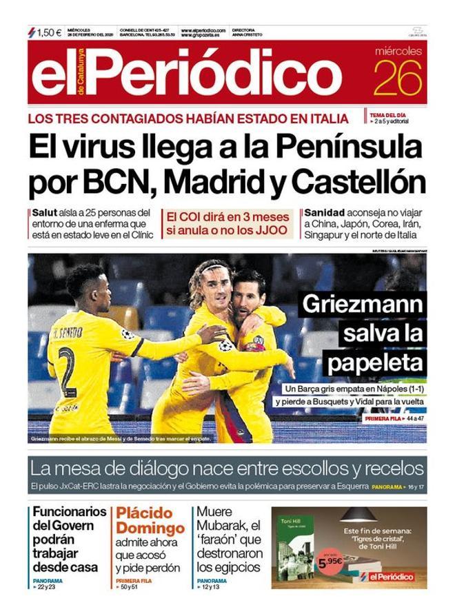 La portada de EL PERIÓDICO del 26 de febrero del 2020.