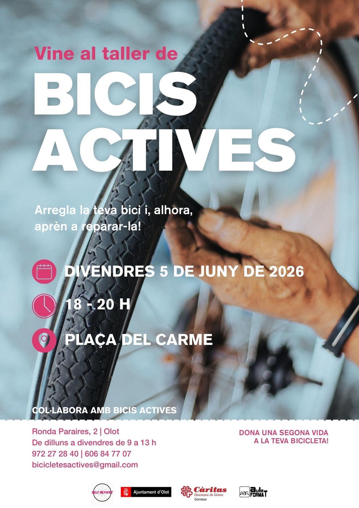 Cartell del taller de Bicis Actives, que aquest divendres acostarà el projecte a la ciutadania a la plaça del Carme d’Olot