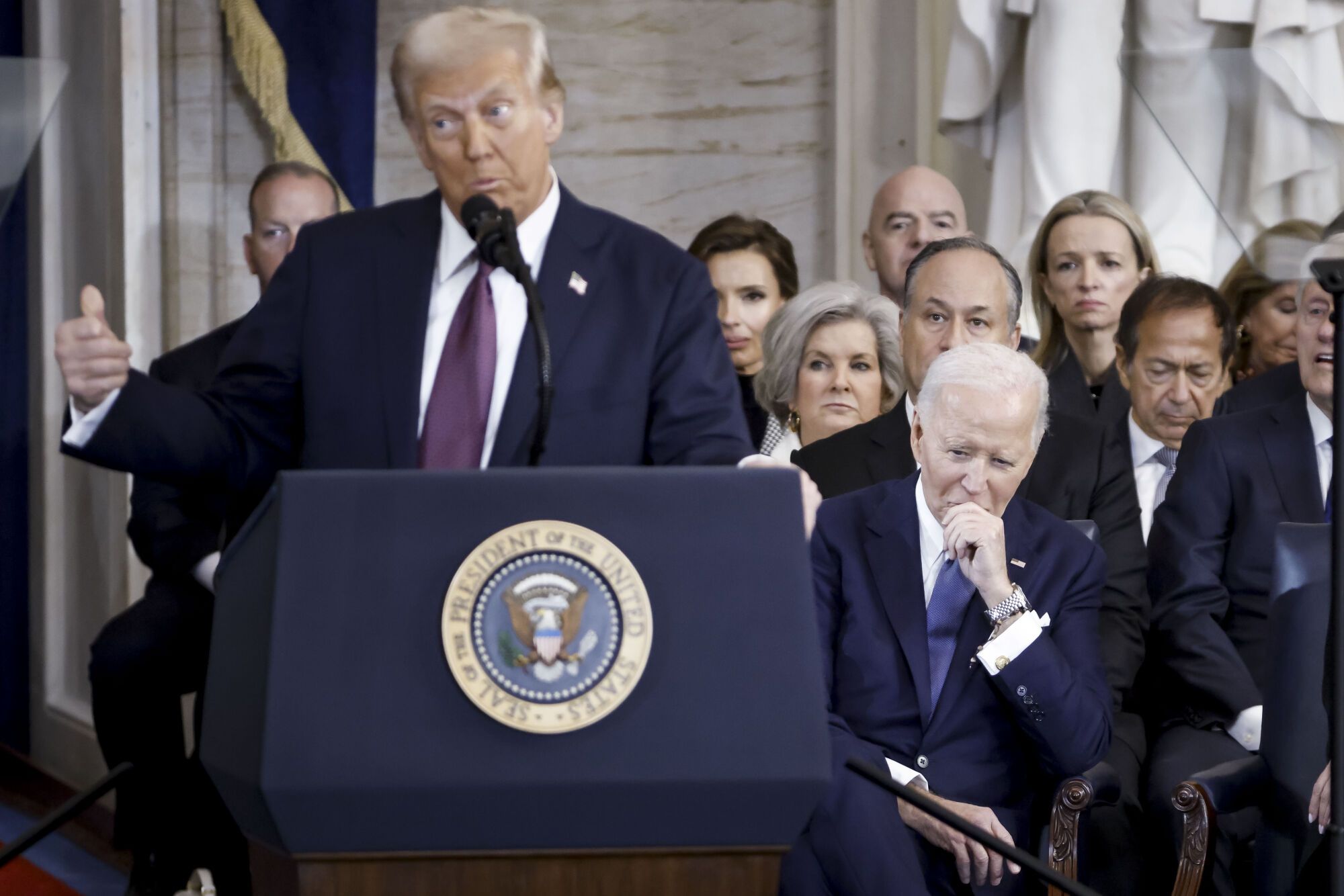 January 20, 2025, Washington, District Of Columbia, USA: Former US President JOE BIDEN (R) listens as US President DONALD TRUMP (L) delivers remarks after being sworn in as the 47th president of the United States in an inauguration ceremony in the rotunda of the United States Capitol in Washington. The planned outdoor inauguration ceremonies and events are being held inside today due to a forecast of extreme cold temperatures.,Image: 955751442, License: Rights-managed, Restrictions: , Model Release: no, Pictured: Joe Biden,Donald Trump, Credit line: SHAWN THEW / Zuma Press / ContactoPhoto Editorial licence valid only for Spain and 3 MONTHS from the date of the image, then delete it from your archive. For non-editorial and non-licensed use, please contact EUROPA PRESS. 20/01/2025 ONLY FOR USE IN SPAIN. SHAWN THEW / Zuma Press / ContactoPhoto;zs2ap;012025_trump;inaugural;pool_1355.jpg;press;20250120_faa_s152_575.jpg;zdownloaded;zdownloadeds152;zuma24;Trump and Vance Swearing-In at the US Capitol;
