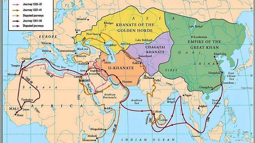Ruta de los viajes de Ibn Battuta. Fuente: Historias de nuestra Historia
