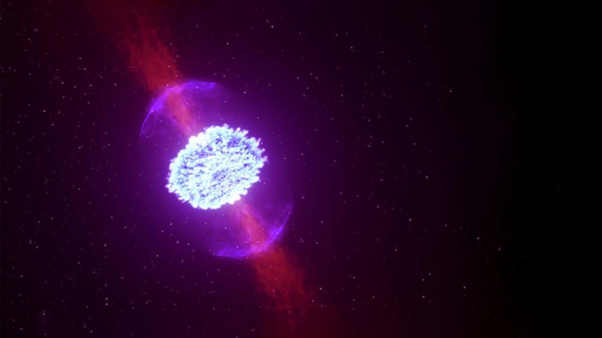 Recreación artística de una fusión de estrellas de neutrones que deriva en una kilonova.