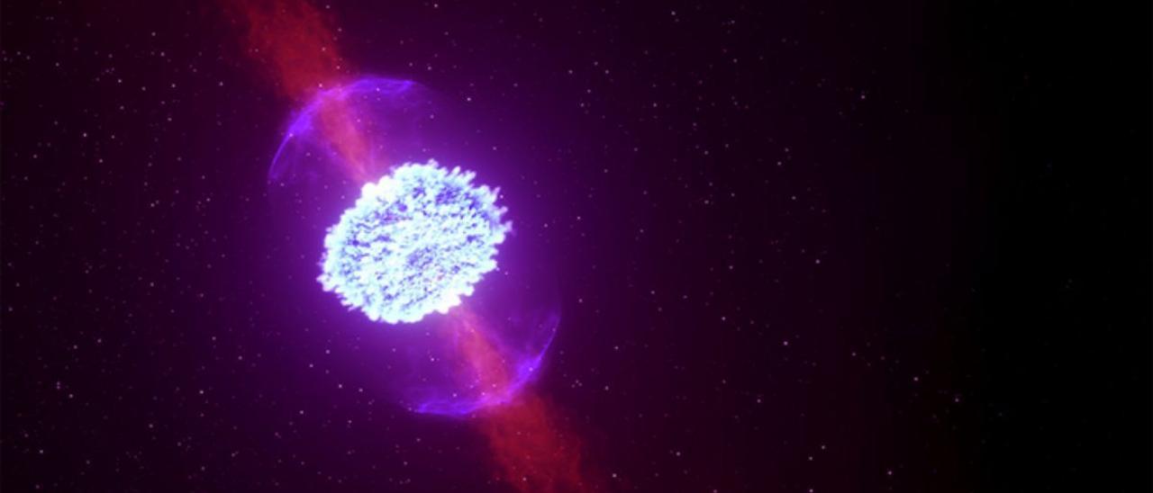 Recreación artística de una fusión de estrellas de neutrones que deriva en una kilonova.