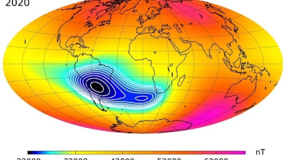 La Anomalía del Atlántico Sur, representada en azul, tal como apareció en 2020.