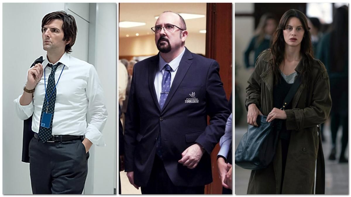 Adam Scott en 'Separación' (Apple TV+), Carlos Areces en 'Muertos SL' (Movistar Plus+) y Milena Smit en 'La chica de nieve: El juego del alma' (Netflix).