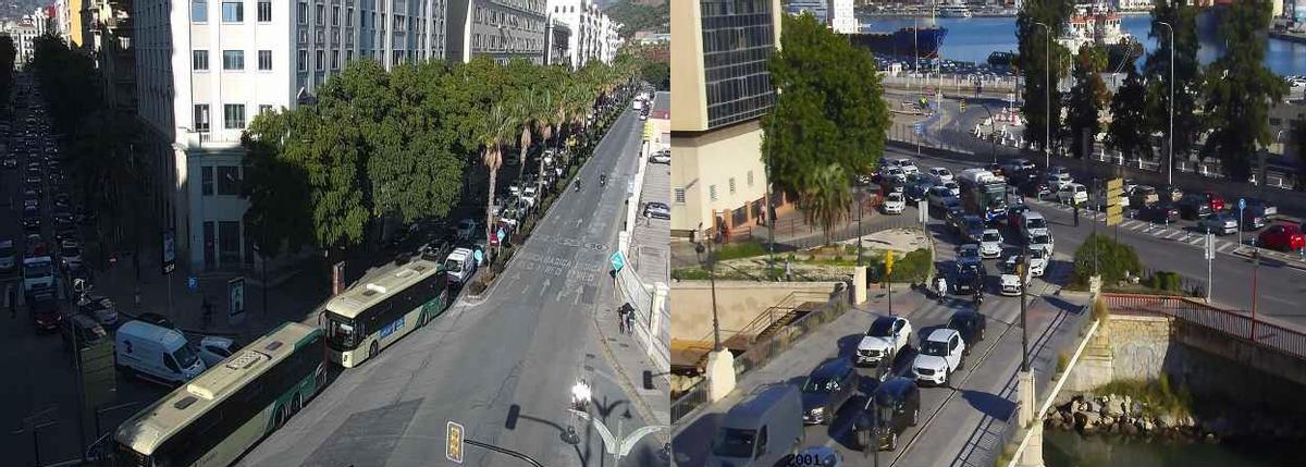 Imágenes de las cámaras de tráfico que muestran primero las colas en Alameda de Colón y Muelle de Heredia. En la segunda, el corte policial y desvío de la circulación hacia El Perchel