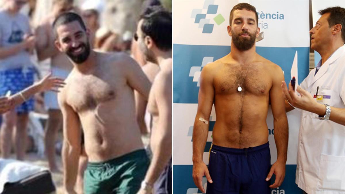 A la izquierda, Arda Turan durante sus vacaciones del verano 2017; a la derecha, el jugador el día de su estreno con el Barça en la pretemporada del verano de 2015