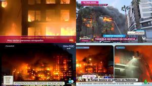 Imágenes de la cadenas informando del incendio del edificio de Valéncia.