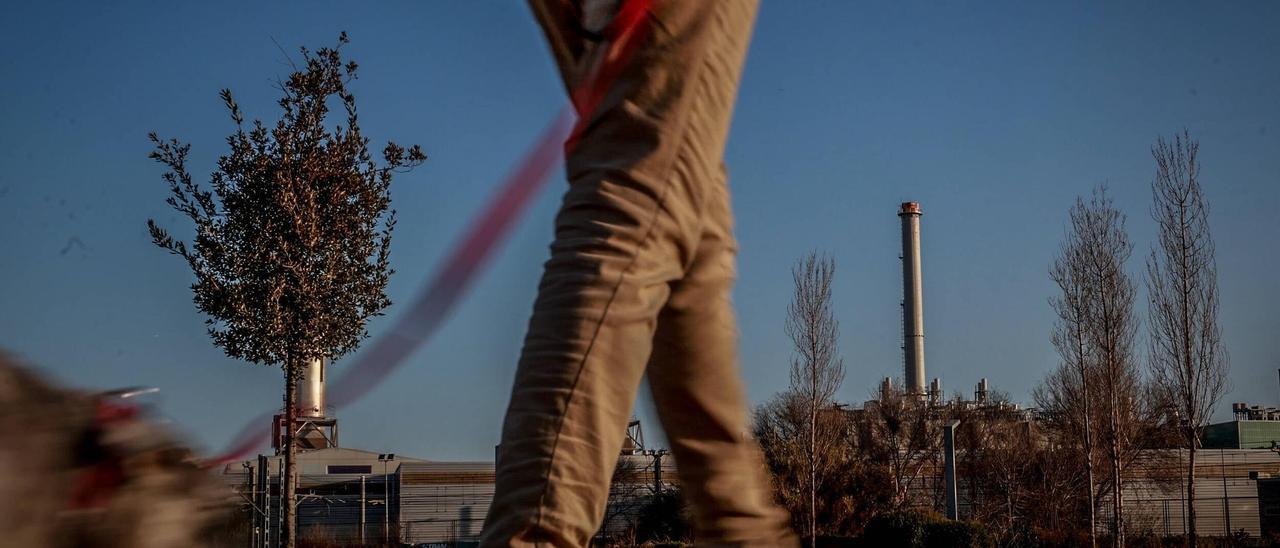 Un vecino pasea con su perro frente a la chimenea de la incineradora Tersa, en Sant Adrià de Besòs.