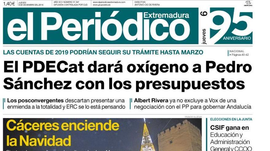 Esta es la portada de EL PERIÓDICO EXTREMADURA correspondiente al día 6 de diciembre del 2018