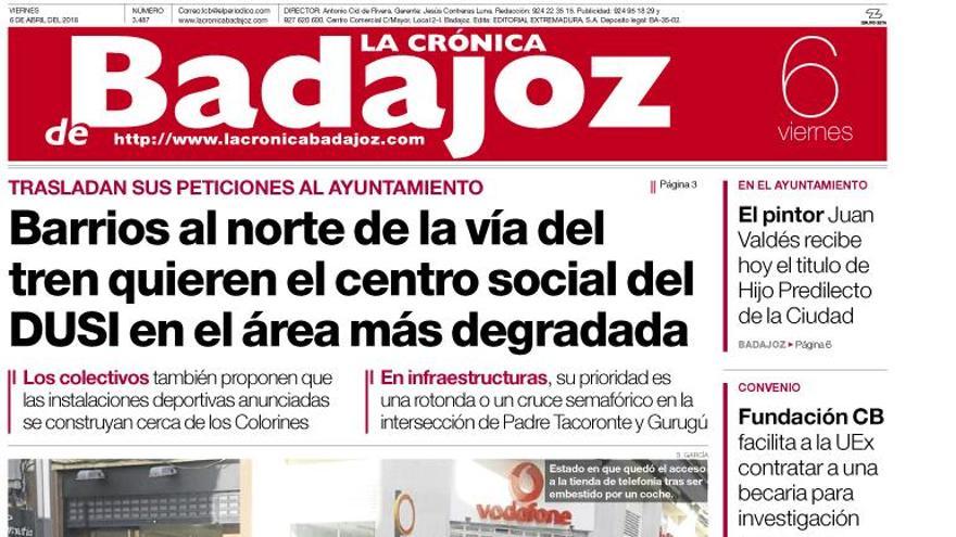 Esta es la portada de LA CRÓNICA DE BADAJOZ correspondiente al día 6 de abril del 2018