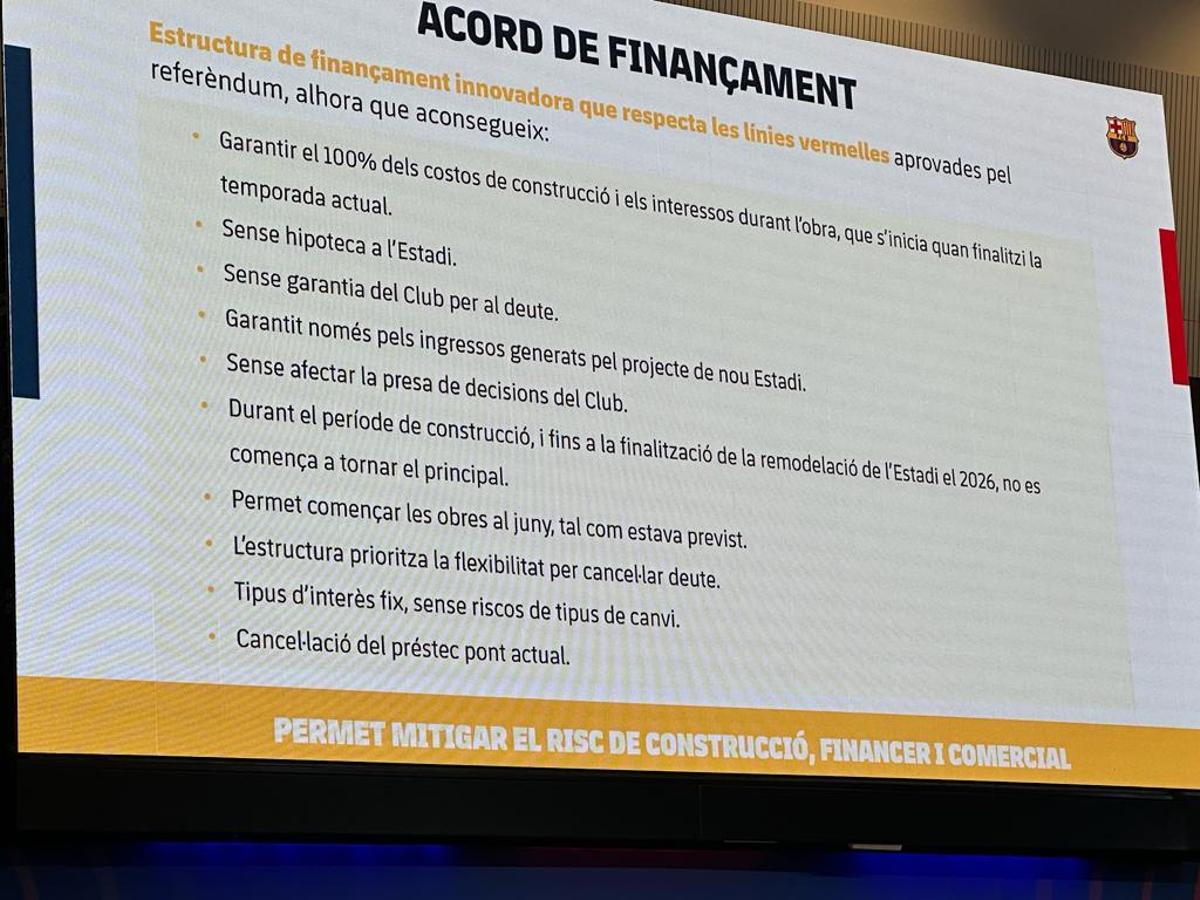 Diapositiva sobre el acuerdo de financiación por el Espai Barça