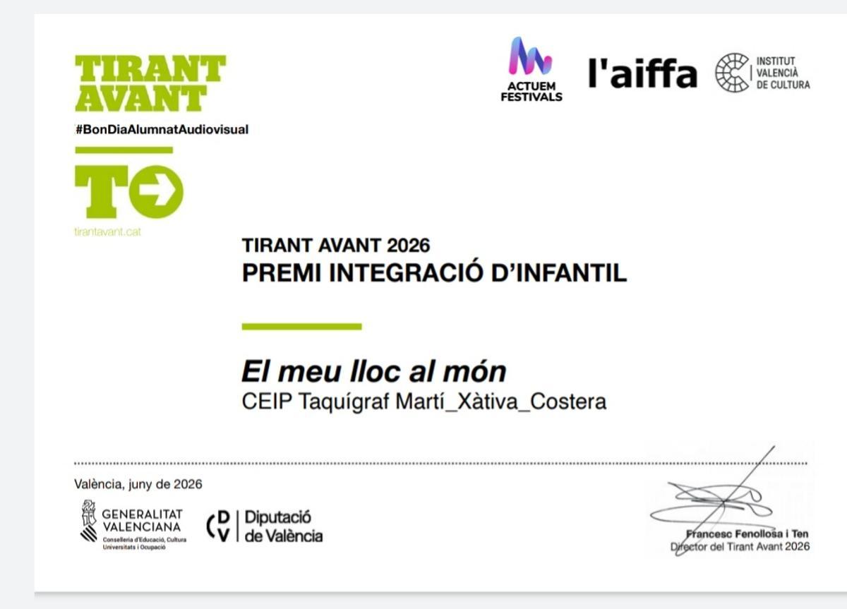 Premio Integració concedido al CEIP Taquígraf Martí de Xàtiva en el Festival Tirant Avant.