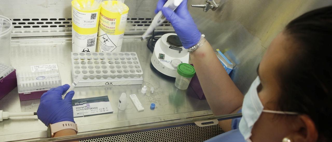 Personal de laboratorio procesa una muestra de coronavirus