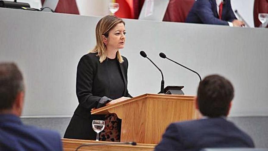 La diputada popular María Dolores Valcarcel durante la defensa del decreto en la Asamblea Regional.