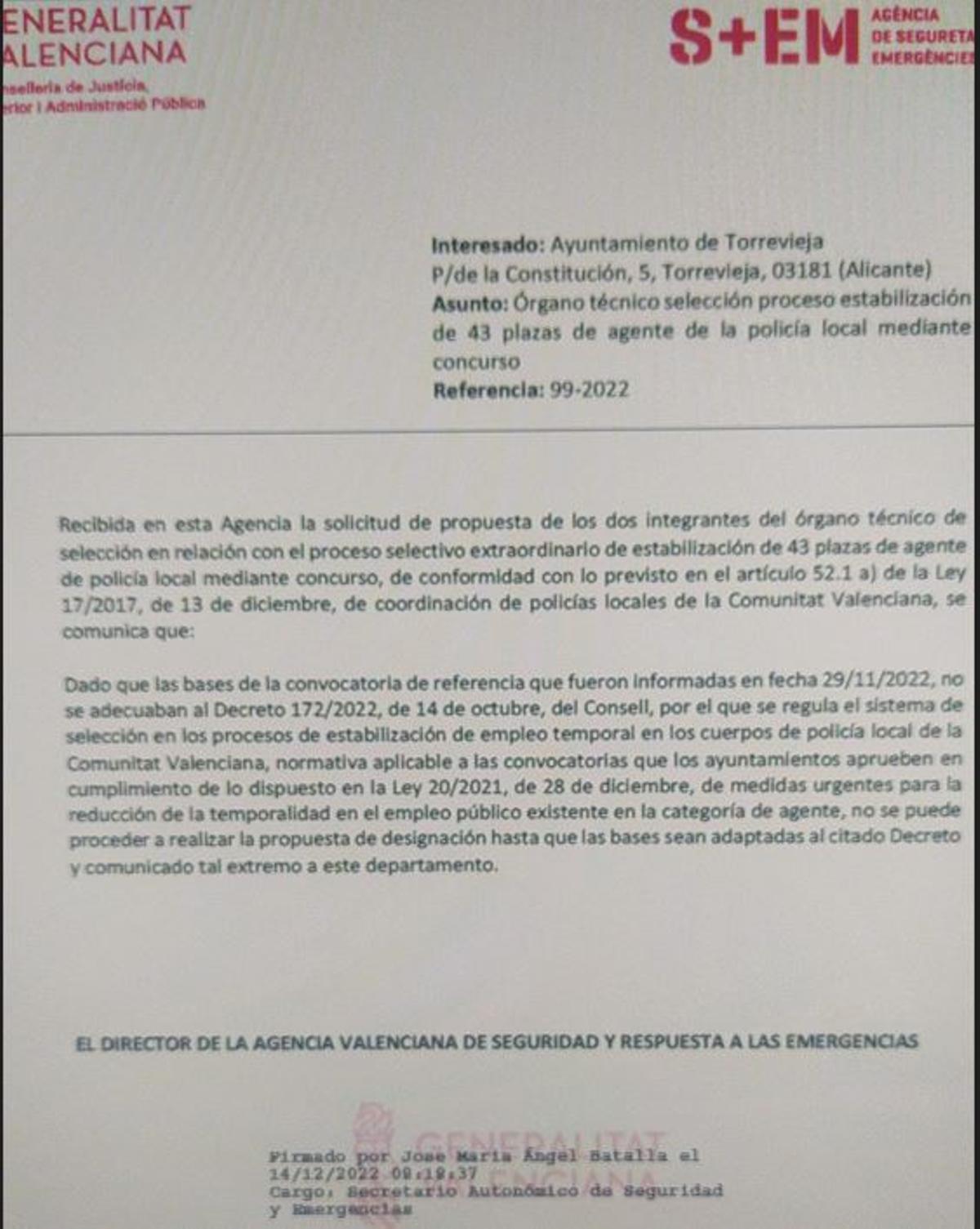 Comunicación de la Generalitat en la que aclara que no va a incorporar a su personal al órgano técnico de selección hasta que las bases no se adapten a su decreto