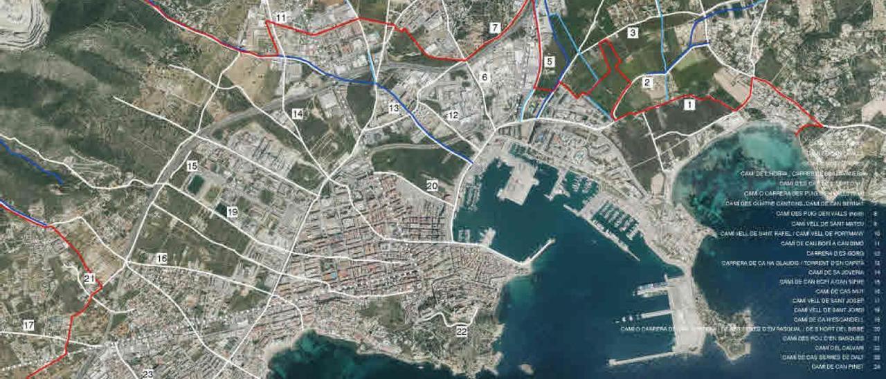 Los 24 caminos del municipio de Eivissa identificados en el estudio realizado por Stefano Cortellaro. | D.I.