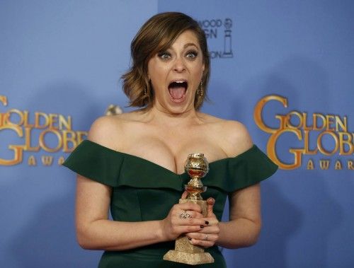 Rachel Bloom poses with her award for Best Performance by an Actress in a Television Series - Musical or Comedy for her role in "Crazy Ex-Girlfriend" backstage at the 73rd Golden Globe Awards in Beverly Hills