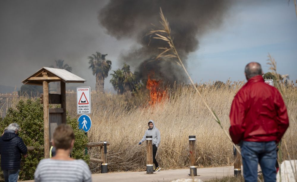 Aparatoso incendio en el delta del Palancia del Port de Sagunt.