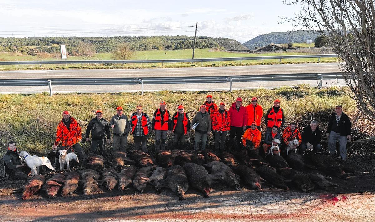 El grup de caçadors de la Colla del Senglar de Fonollosa i Rajadell amb els porcs senglars que van abatre
