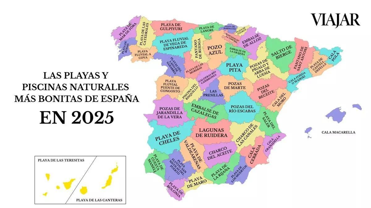 Mapa con las playas y piscinas naturales más bonitas de España