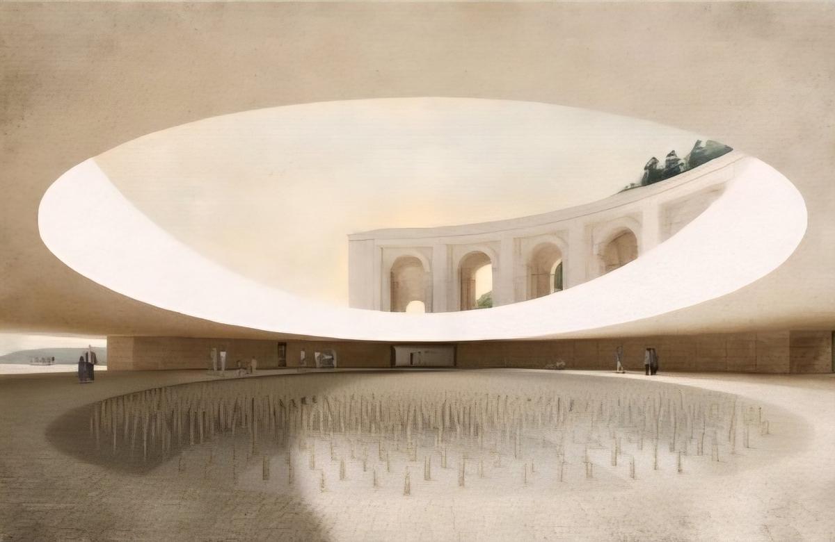 Soportal con una gran grieta en la entrada de la basílica y el museo.