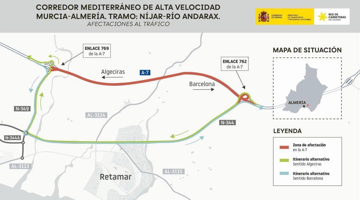 Mapa de las afecciones al tráfico en la A-7 en Almería entre los enlaces 762 y 769 por las obras del AVE en el tramo Níjar-Río Andarax.