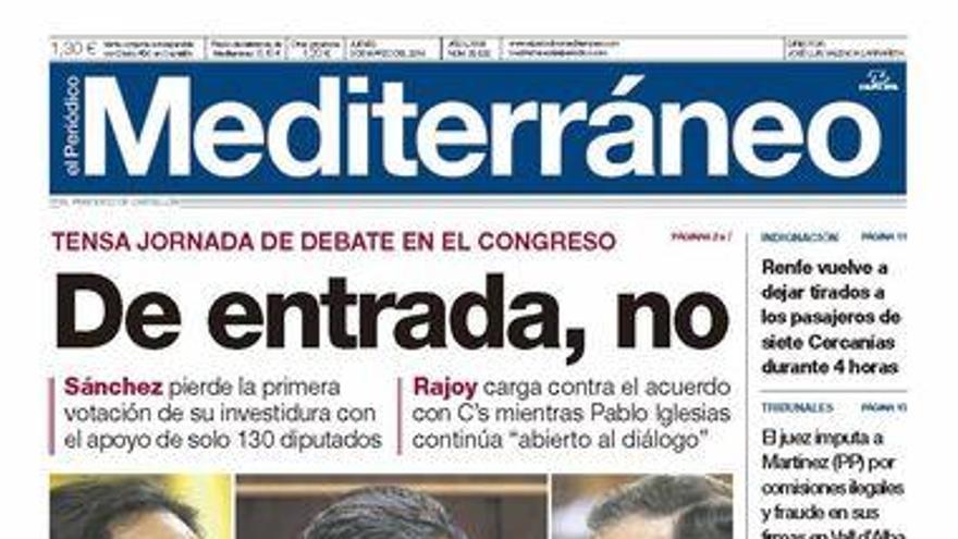 Mediterráneo titular su portada: De entrada, no