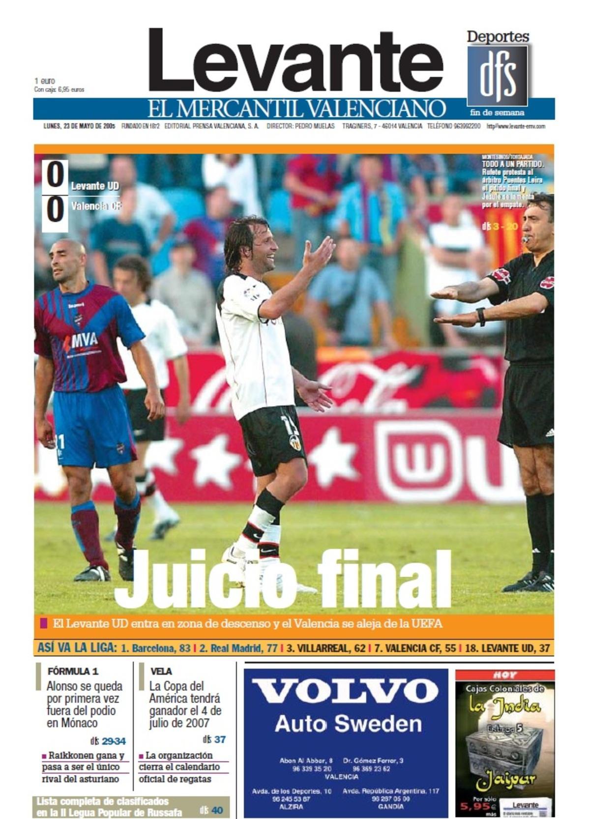 La portada del 23 de mayo de 2005 tras el derbi.