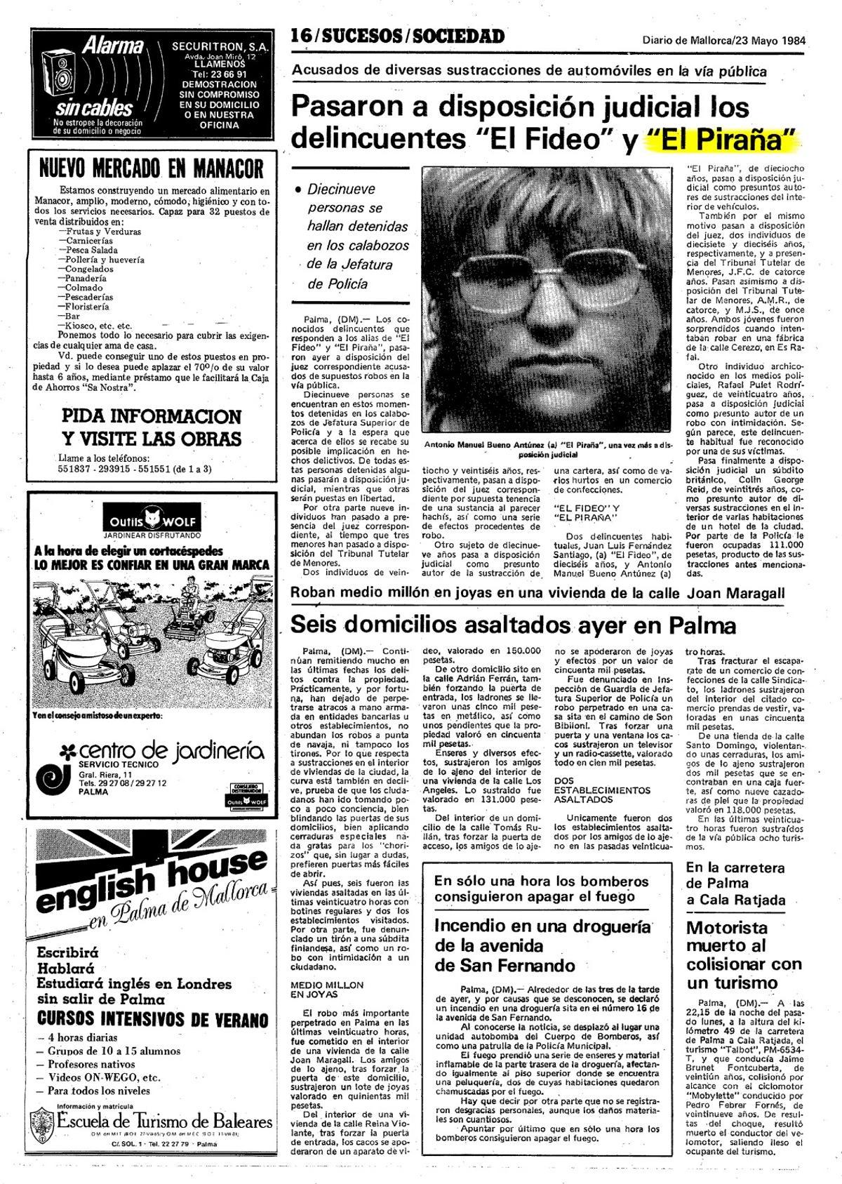 Recorte de Diario de Mallorca de mayo de 1984 sobre una de las detenciones de 'El Piraña'