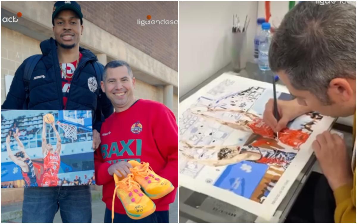 El moment en què un aficionat del Baxi regala un retrat de Kaodrichi Akobundu-Ehiogu al pivot nigerià