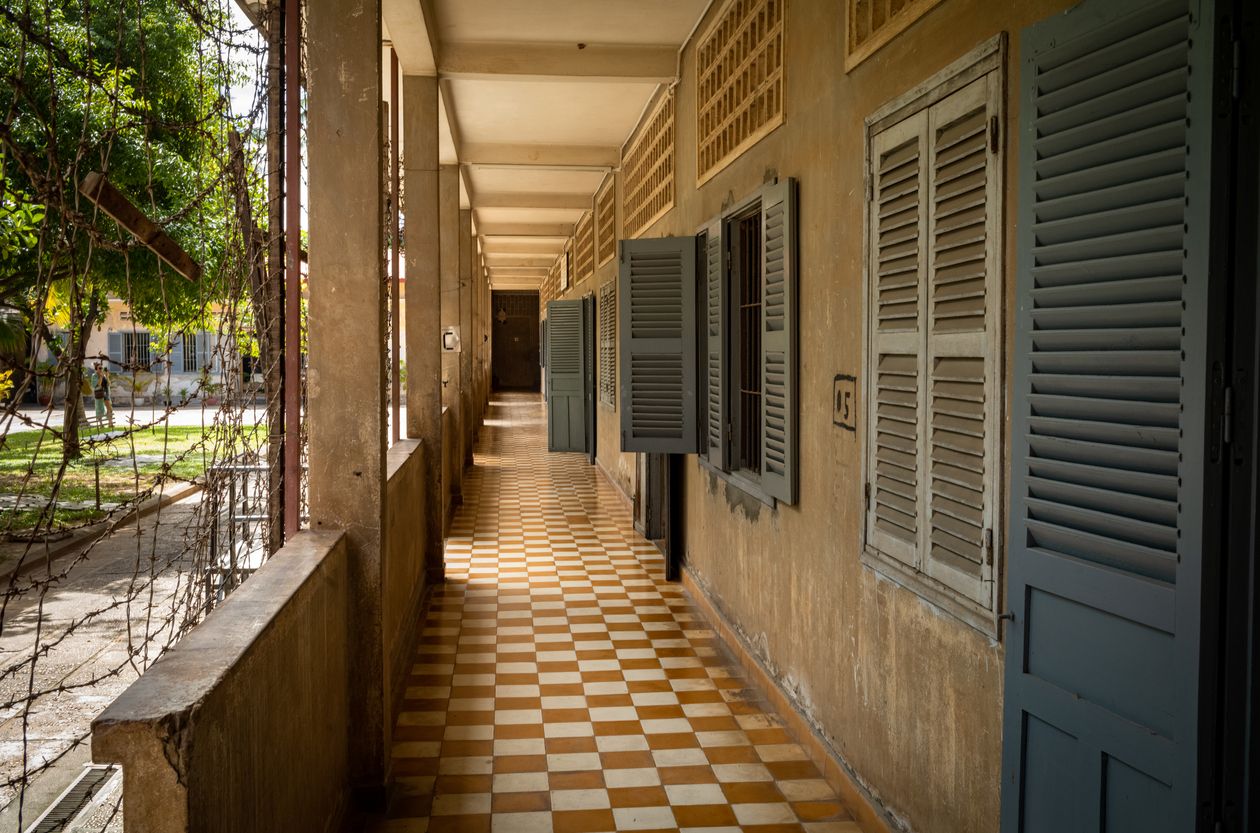 A corridor past former classrooms in the notorious Tuol Sleng S-21 torture and genocide prison museum in Phnom Penh, Cambodia.More than 18,000 people died here under the Khmer Rouge between 1975-79, and just 12 former prisoners survived.