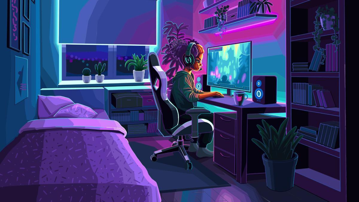 Un dibujo de una chica jugando a videojuegos.