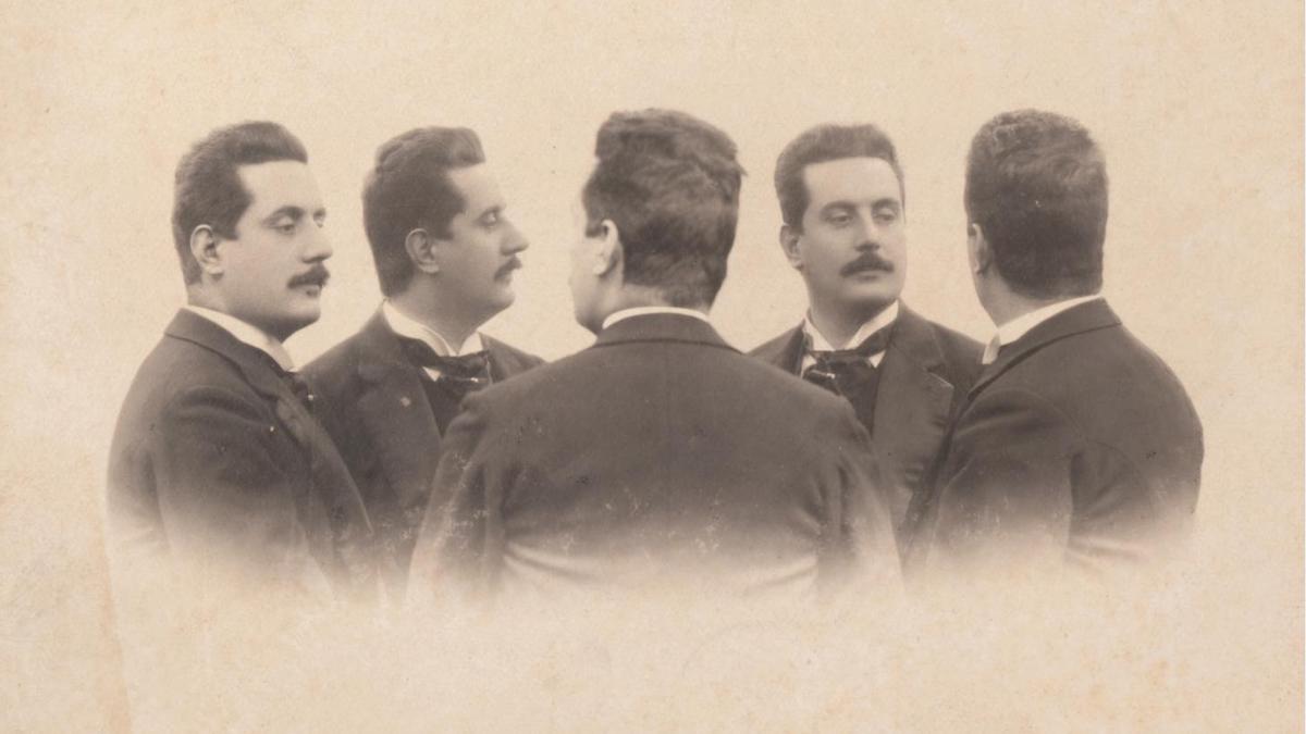 Giacomo Puccini fotografiado desde diferentes ángulos, en una composición del Studio Schemboche, en Roma.