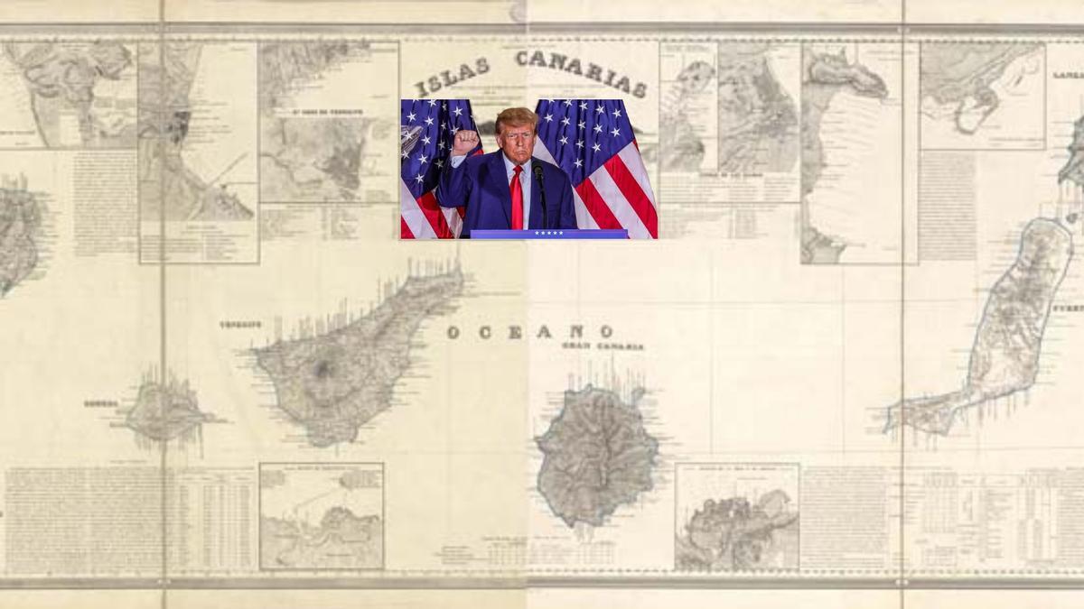 Fotomontaje con un mapa antiguo de Canarias y una imagen de Donald Trump