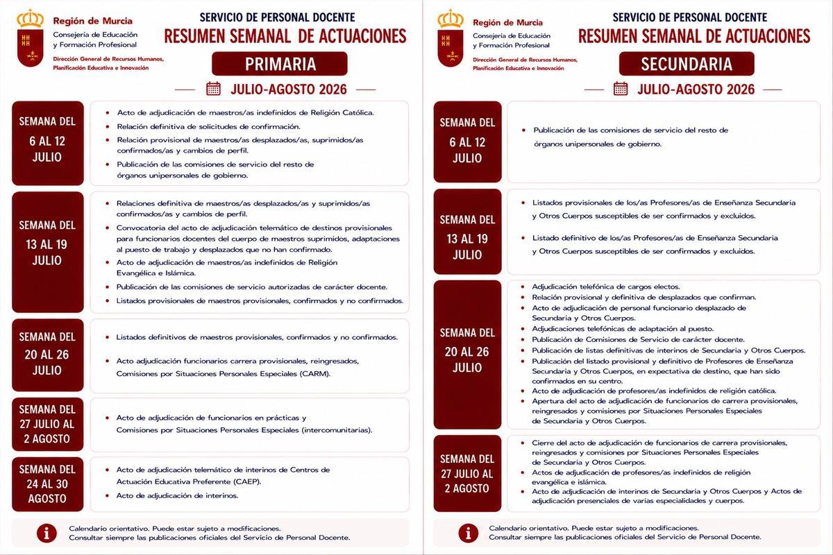 Calendario de llamamientos de la Consejería de Educación.