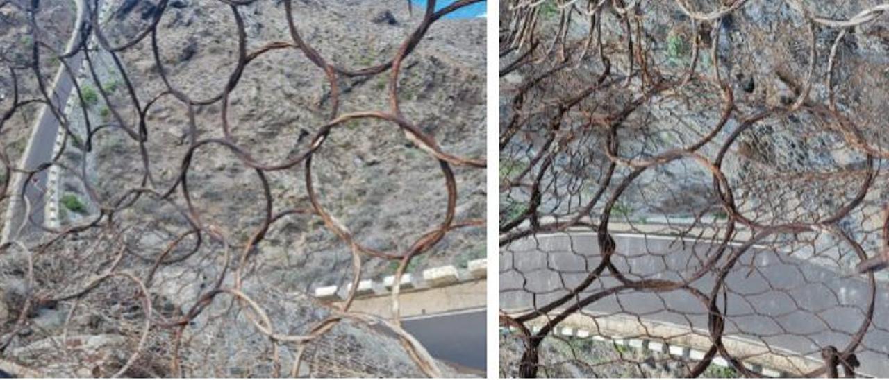 Algunos de los daños detectados por Carreteras en las mallas de la vía de Punta de Teno