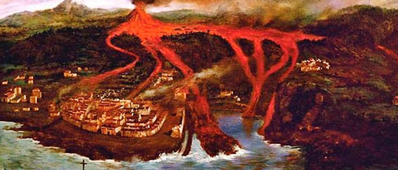 Grabado sobre la erupción de Garachico de 1706.