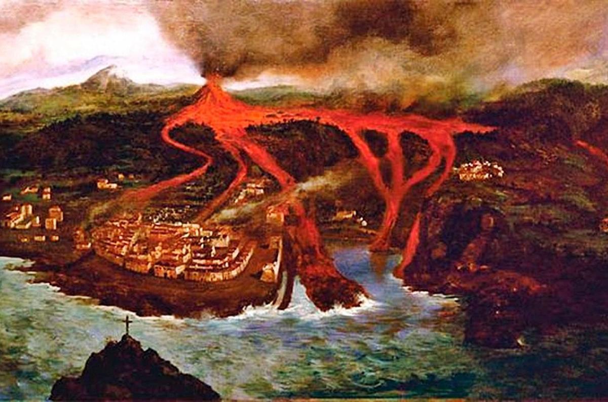 Grabado sobre la erupción de Garachico de 1706. | | UBALDO BORDANO