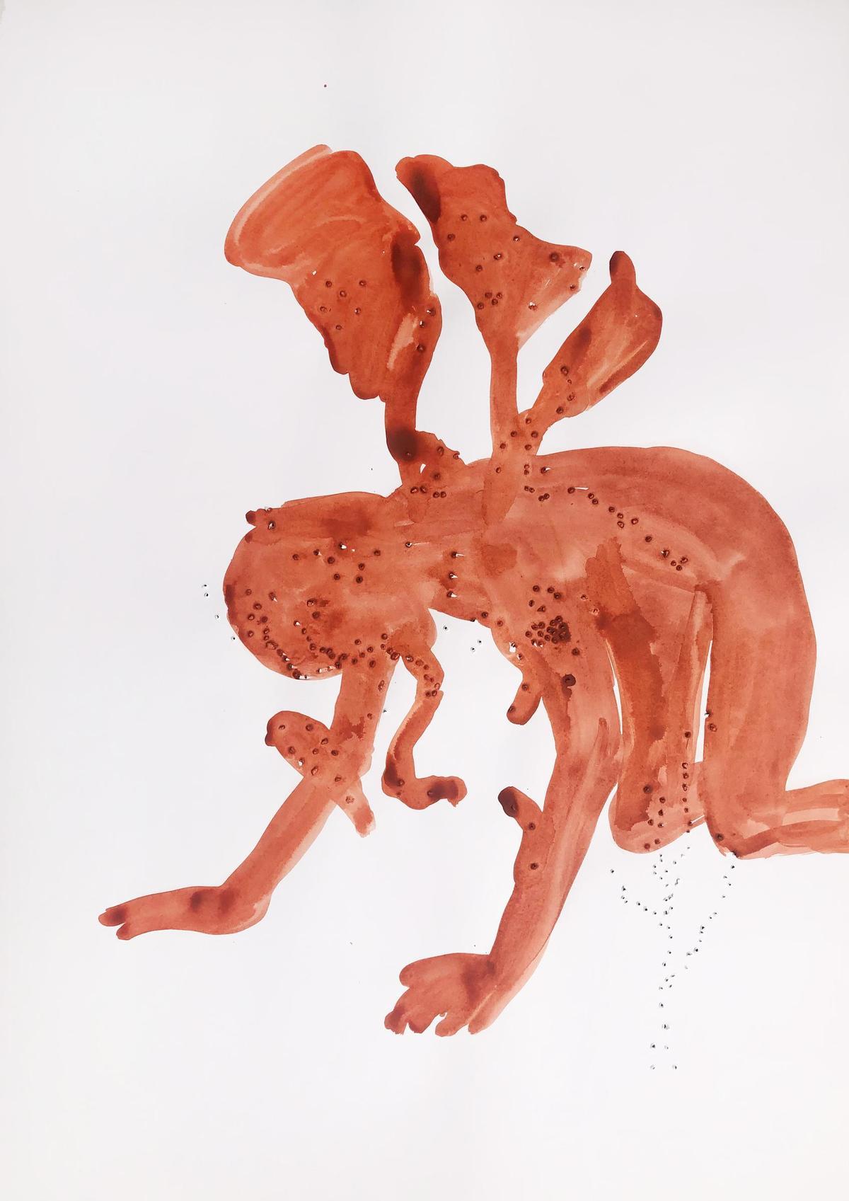 Pajaro y flores en la espalda. Serie Anima, 2023. Papel agujereado y acrilico. 100 x 70 cm. Obra de Amparo Sard