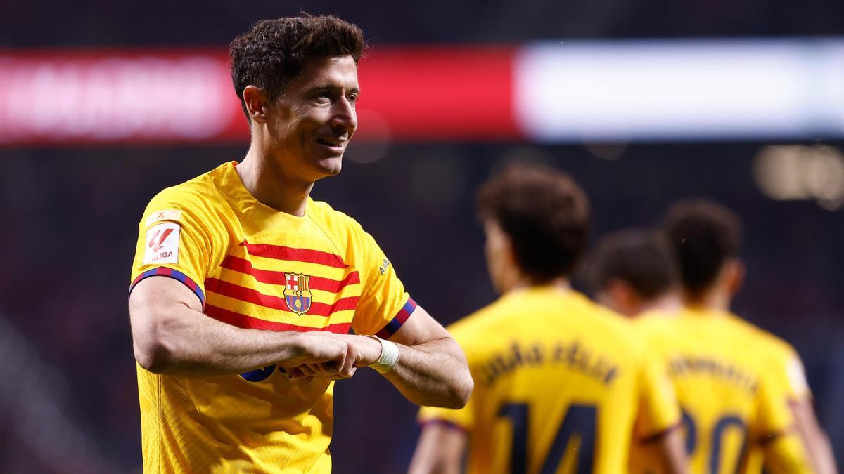 Lewandowski celebra el gol que marcó al Atlético en el Metropolitano, era el 0-2 del Barça.