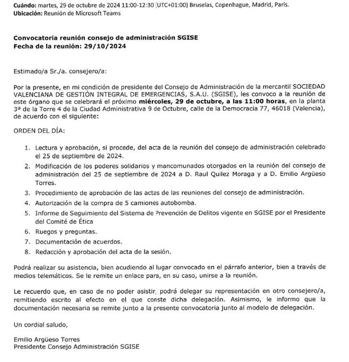 Convocatoria del consejo de administración de la Sgise celebrado en plena alerta roja.