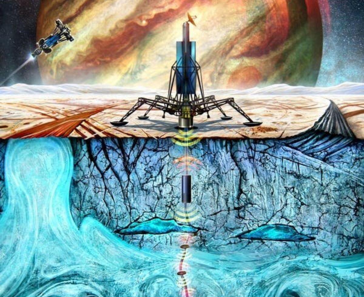 Recreación artística que muestra a un módulo de aterrizaje utilizando una sonda para derretir un agujero a través del hielo, que luego libera un enjambre de robots nadadores.